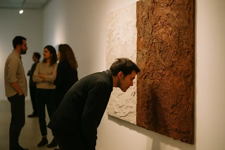 Viewer standing quietly before mixed-media works in a gallery