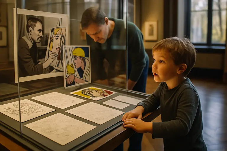 Visitors pausing in a museum gallery with colorful framed works